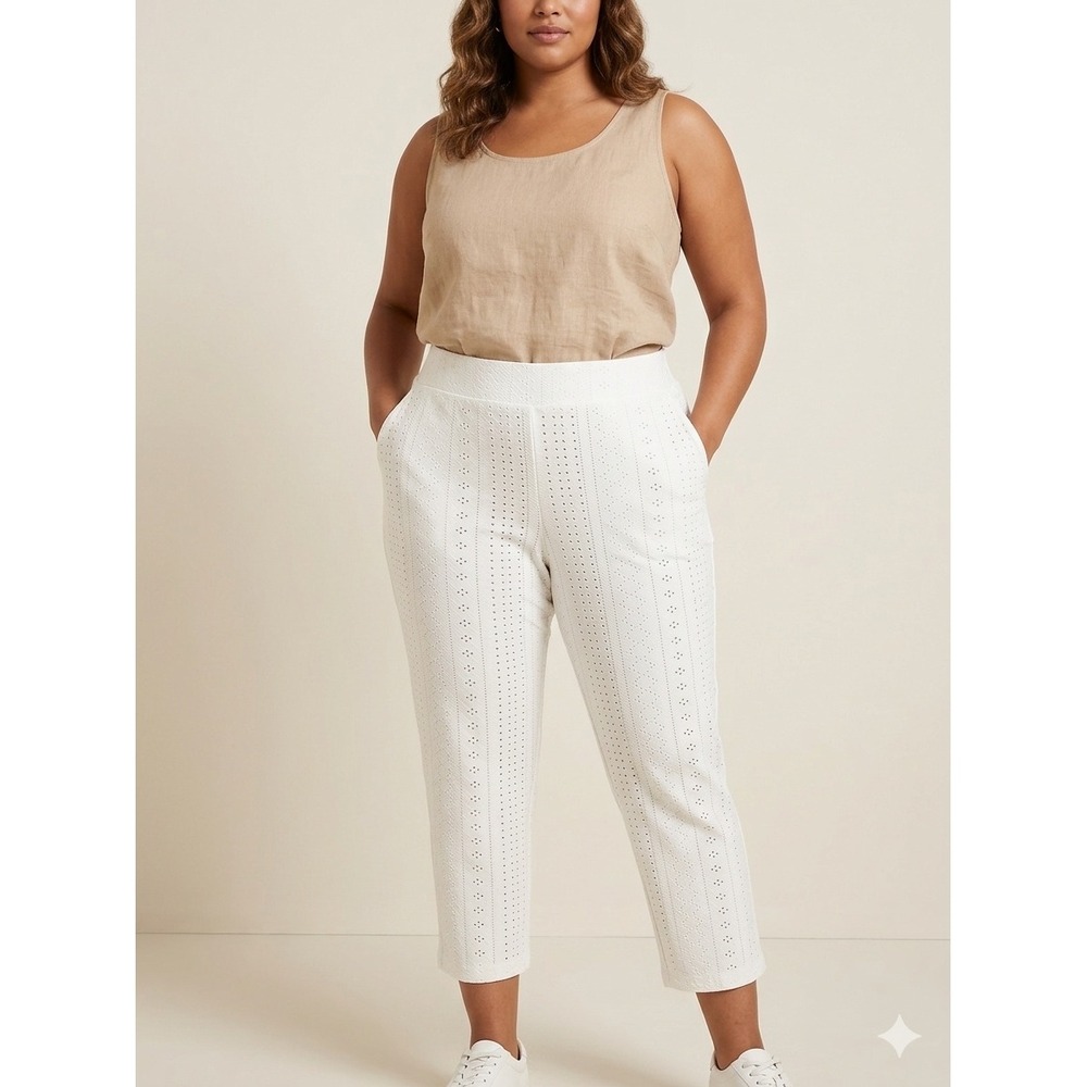 Logo Cropped Pants Women XL Ivory Eyelet Knit Pull-On Trousers A652623
